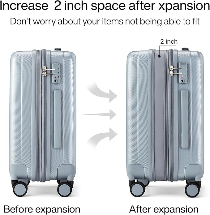 Hanke 20 Inch Expandable Carry on Luggage 22x14x9 Airline Approved Lightweight PC Hard Shell Suitcases with Wheels Travel Luggage Rolling Suitcase Travel Luggage Bag for Weekender(Gray)