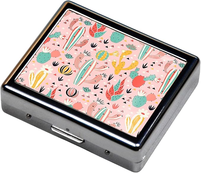 Silver Vintage Pill Box 7 Day Metal Pill Box with Mirror and 8 Compartments Cute Travel Pill Organizer for Purse (Southwestern Cactus)