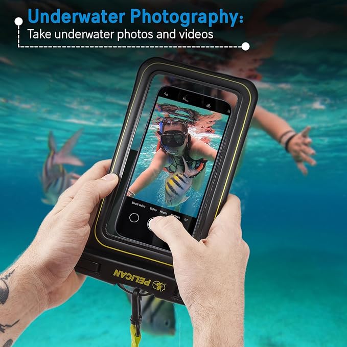 Pelican 4 Pack Marine - IP68 Waterproof Phone Pouch (XL Size) Floating Waterproof Phone Case - Beach Cruise Ship Travel Essentials - Works with All Phones - Detachable Lanyard - Black/Hi-Vis Yellow