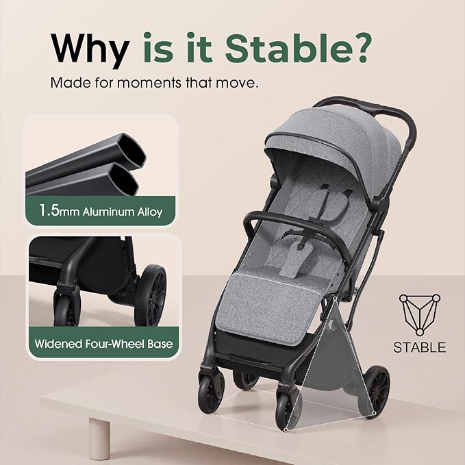 Compact Travel Stroller for Toddlers, Lightweight & Airplane Ready Stroller for Baby/Infant w Telescoping Handle and Cup Holder, One-Hand Quick Fold, Near Flat Recline Seat, TR18, Grey