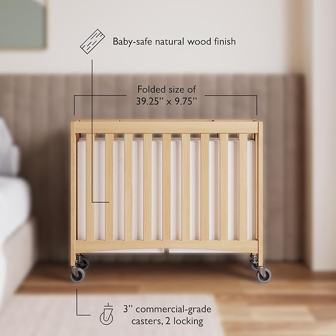 Foundations Travel Sleeper Wood Compact Folding Crib with 2” InfaPure Foam Crib Mattress and Commercial Grade Casters for Hotels, Natural