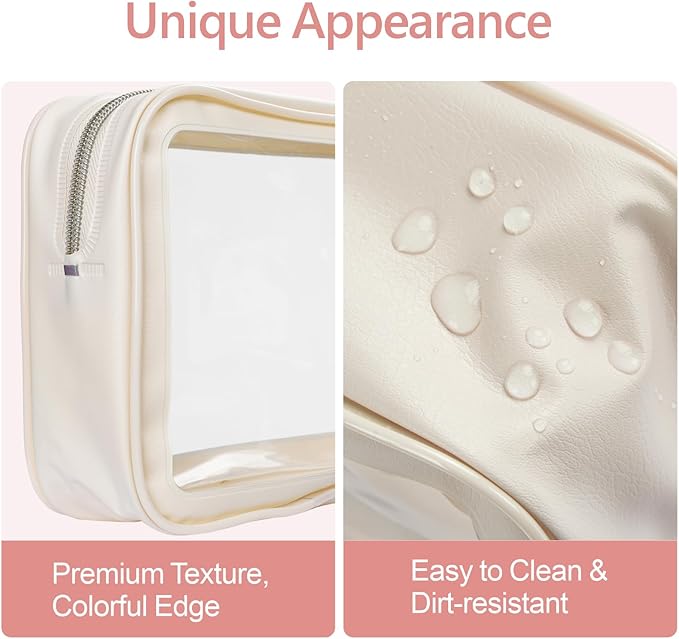 PACKISM Clear Makeup Bag - Soft Plastic Color-Edged TSA Approved Toiletry Bag, Reusable Clear Toiletry Bags with Golden Zipper, Beige