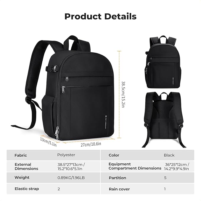 K&F CONCEPT Lightweight Camera Backpack Bag, Professional Photography Bag Compatible with Canon/Nikon/Sony Camera and Lens Accessories, Camera Case with Tripod Strap & Rain Cover