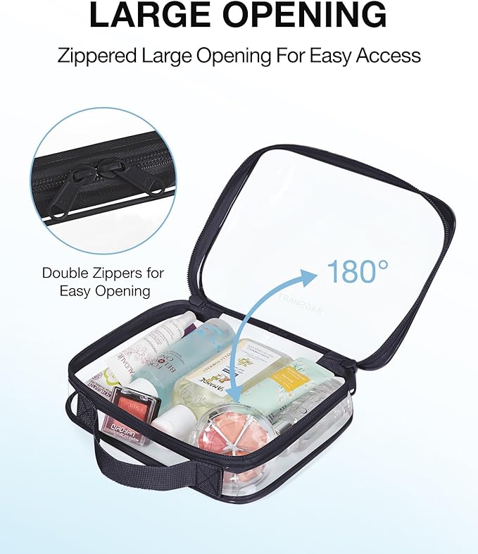 BAGSMART TSA Approved Clear Toiletry Bag, 2 Packs Quart Size Water Resistant Makeup Cosmetic Bags for Women, Airport Airline Travel Essential Carry On Organizer with Handle Large Opening, Black