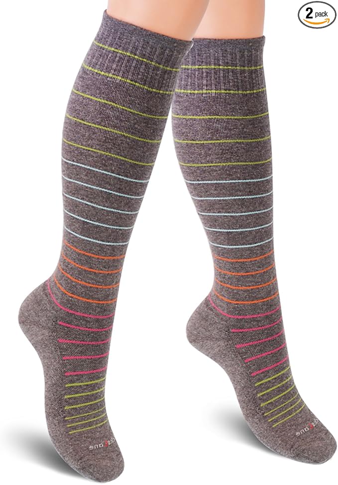 Cotton Compression Socks for Women & Men. 15-20 mmHg Support Knee-High Gray Stripes X/W