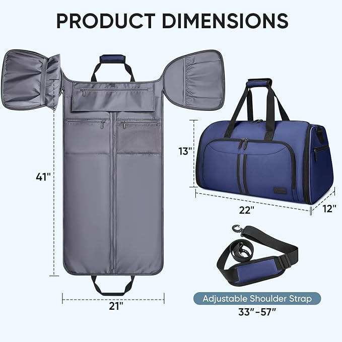 BALEINE Convertible Garment Bag with Shoe Compartment, 2 in 1 Carry on Garment Duffle Bags for Travel, Suit Bag for Men Women (Navy)