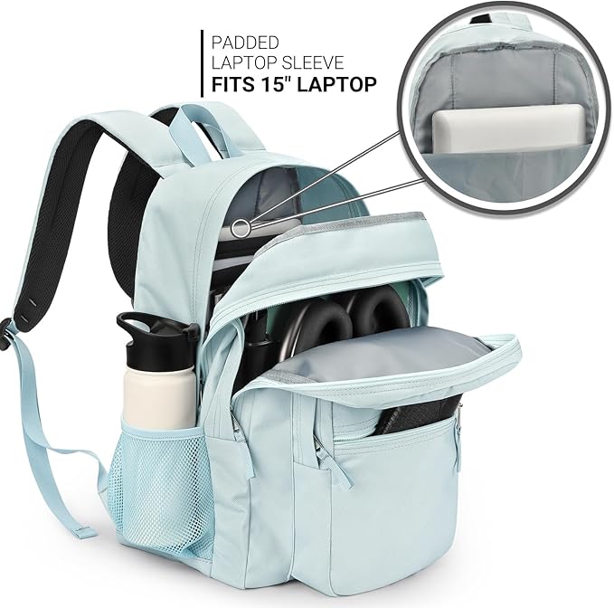 ZORFIN 26L Backpack for College, and Travel: Water Resistant Bookbag - Light Gray Blue