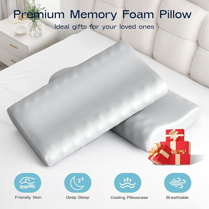 Memory Foam Pillows for Sleeping - Cervical Neck Ergonomic Pillow, Orthopedic Pillow for Neck and Shoulder Pain, Adjustable Cooling Contour Pillow (Grey, Queen)