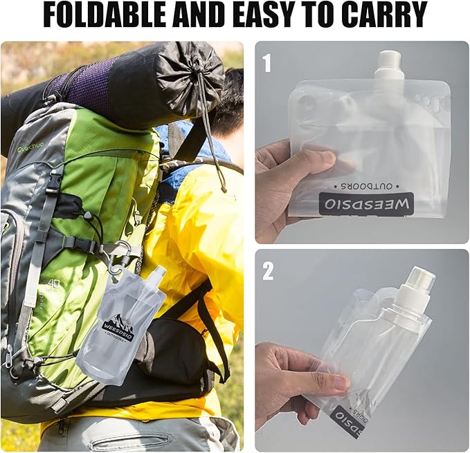 2-Pack 1L Hiking Collapsible Water Bottles with Mountaineering Buckle (Not Suitable for Climbing) BPA-Free Foldable Backpacking Water Bottle for Camping Hiking Running Cycling Mountaineering