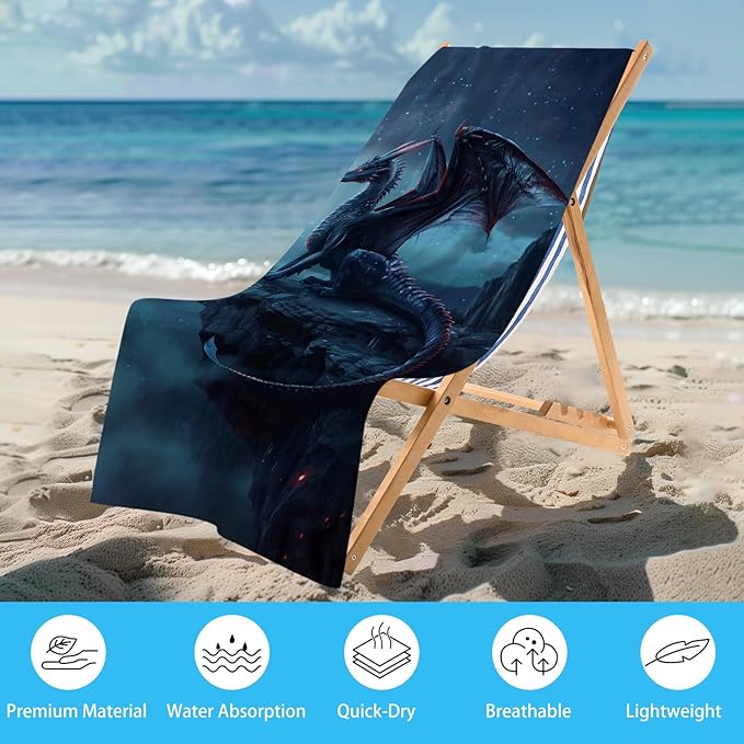WZOMT Microfiber Dragons Beach Towel, Cool Funny Blue Dragons Standing on The Cliff Edge Bath Towels for Kids Boys Men, Quick Dry Sandproof Swim Pool Towel, Oversized 32x52 Inch