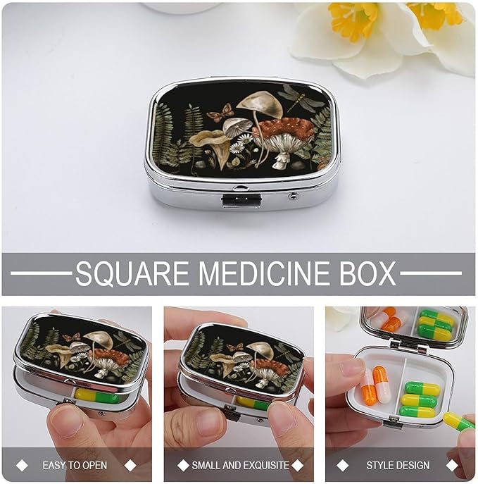 Metal 2 Compartment Pill Organizer Travel Friendly Portable Compact Pill Box Cute Pill Case to Hold Vitamins,Fish Oil,Supplements,Meds,Tablet for Purse,Pocket. (Plant)