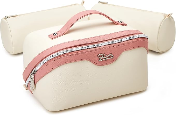 BOYATU Travel Makeup Bag Organizer Cosmetic Bag: 3 Pcs Set Make up Bags for Women with Handle - Waterproof Vegan Leather Toiletry Bags with Comparments (D-02-White)