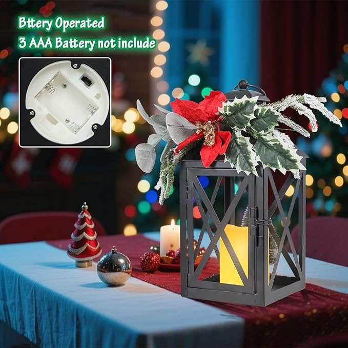 Christmas Lantern Outdoor Deror 13", 2 Pack Waterproof LED Hanging Decorative Candle Lantern with Berries Decor for Garden, Porch, Gift for Family, Friends, Women
