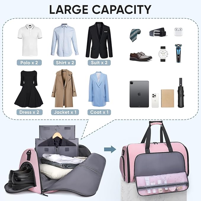 BALEINE Convertible Garment Bag with Shoe Compartment, 2 in 1 Carry on Garment Duffle Bags for Travel, Suit Bag for Men Women (Pink)