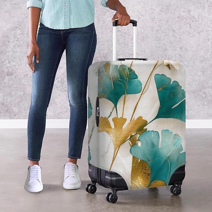 Gold Ginkgo Biloba Leaf Travel Luggage Cover Elastic Baggage Protector for Women Girls,Fits 26-29 Inch Washable Suitcase Covers