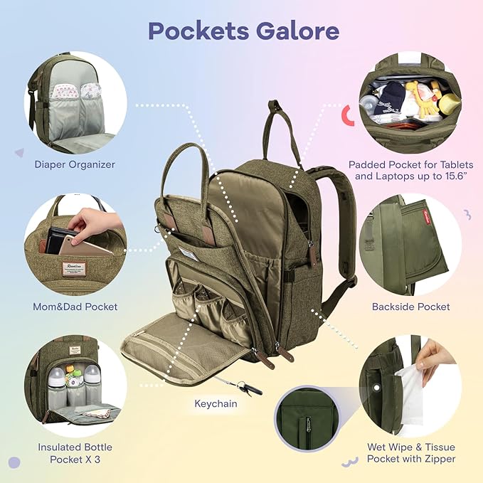 RUVALINO Diaper Bag Backpack, Multifunction Travel Pack Maternity Baby Changing Bags, Large Capacity, Waterproof, Olive Green