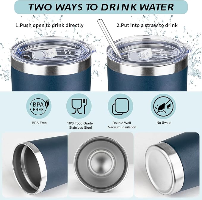 20oz Tumbler with Straw and Brush, Stainless Steel Vacuum Insulated tumbler, Double Wall Insulated Coffee Tumbler for Outdoor, Home, Travel,Office (Navy Blue,4pcs)