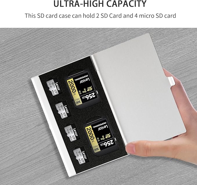 Aluminum SD Card Case, 6Slots Ultrathin SD Card Holder, Memory Card Storage Holder, Fit for 2 SD Card, 4 Micro SD Card, Silver
