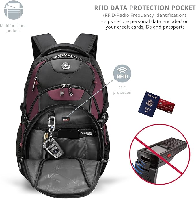 Swissdigital Design Laptop Backpack with USB Charging Port, TSA Travel Backpack Fits 15.6 inches Computer, 31L College School Backpack for Women, Burgundy/Black | SD803
