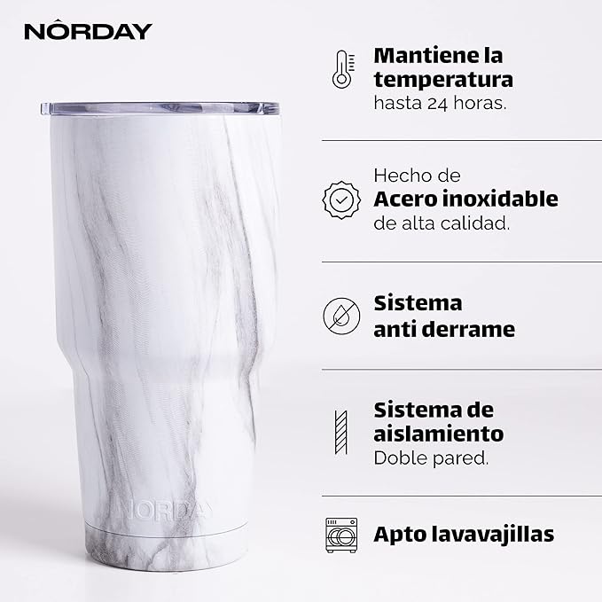 NORDAY | Tumbler with Lid - 30oz - White Marble Insulated Tumbler - Stainless Steel Tumblers - Double Wall Insulated Travel Coffee Mug for Car Cup Holder - Keeps Temperature for 24hr - Anti Spill Lid