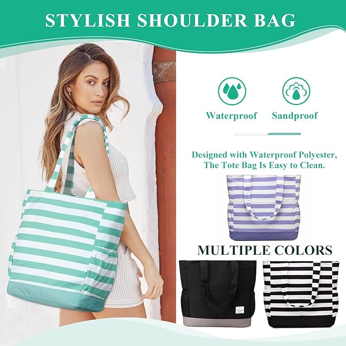 VASCHY Beach Bag for Women, Large Waterproof Sandproof Fold-able Packable Pool Tote Bag w Zipper/Pockets