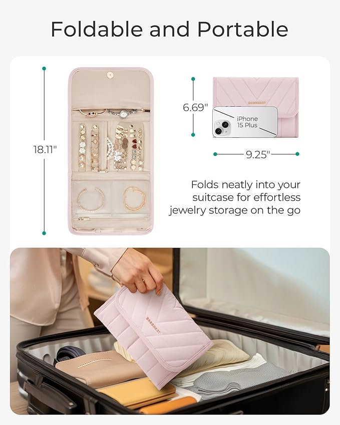 BAGSMART Travel Jewelry Organizer Case, Foldable Jewelry Roll for Necklaces, Earrings, Journey-Rings, Bracelets, Brooches, Portable, Beige