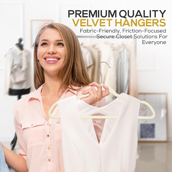 Premium Ivory Velvet Hangers 30 Pack – Space Saving Felt Hanger, Non Slip Clothes Hangers for Closet, Heavy Duty Hanger for Coats, Shirts & Pants, 360° Swivel Hook, Hold Up to 10lbs