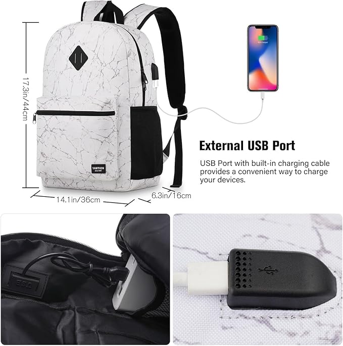 School Backpack,Classic Stone Textured Bookbag Men and Teen Boy Schoolbag with USB Charging Port for High School College Office Work Travel