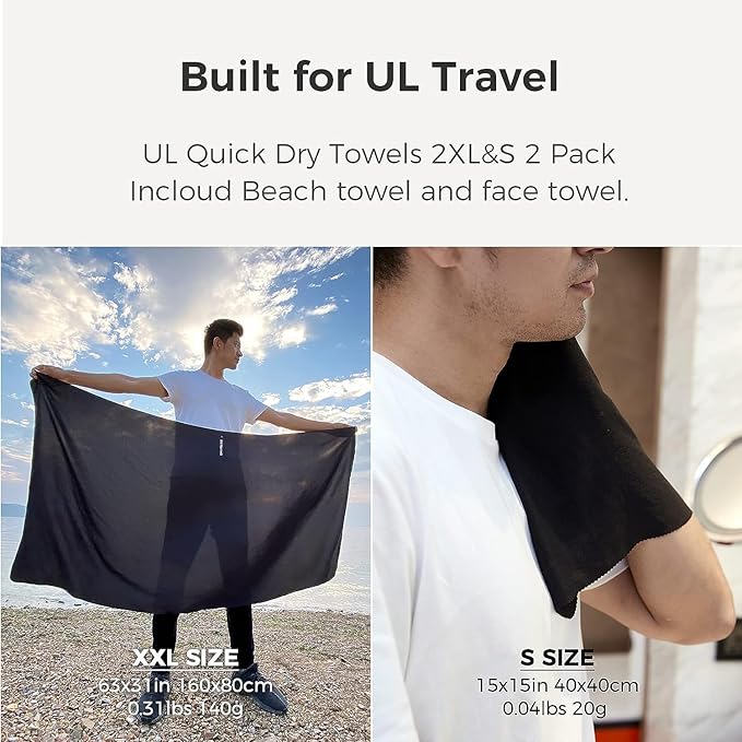 Ultralight Quick Dry Towel, Extra Large&Small 2 Pack Microfiber Towels with Compact Packable Pocket for Lightweight Backpacking Travel Beach Gym Camping & Swimming Sports(Grey 2 Set)