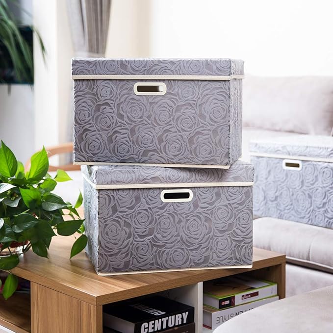 PRANDOM Larger Collapsible Storage Box with Lid [1-Pack] Fabric Decorative Storage Bin Cube Organizer Container Basket with Cover Handles for Bedroom Closet Living Room Gray 17.7x11.8x11.8 Inch