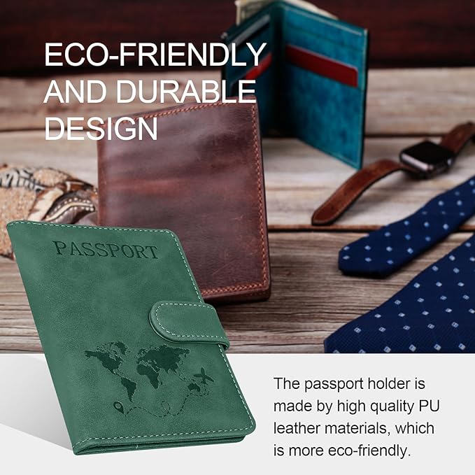 Passport Holders, RFID Blocking Credit Card Holder, PU Leather Passport Holders for Travel with Magnetic Buckle, Travel Must Haves Cruise Ship Essentials for Men, Women (Green)