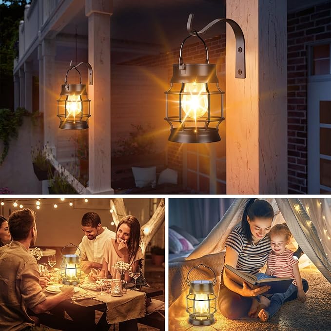 UBright 2 Pack Solar Lantern Lights Outdoor Waterproof Metal Hanging Solar Lights for Outside Retro Design with Edison Bulb Outdoor Lanterns Decorative for Patio Porch Garden Lawn