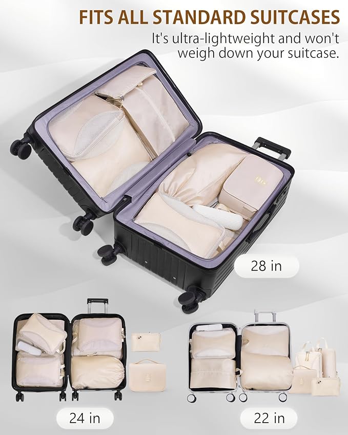 Compression Packing Cubes 12 Set, Suitcase Organizers, Extendable Packing Cubes, Luggage Organizer Bags, Travel Essentials, Beige