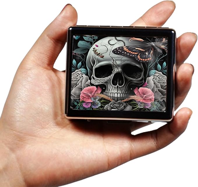 Silver Vintage Pill Box 7 Day Metal Pill Box with Mirror and 8 Compartments Cute Travel Pill Organizer for Purse (Butterfly Bush Skull)