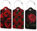 3 Pack Luggage Tag for Suitcase,Red Rose Floral and Leaves Leather Luggage Tags with Privacy Cover Name ID Label Identifiers Travel Bag Tags for Women Men Boys Girls
