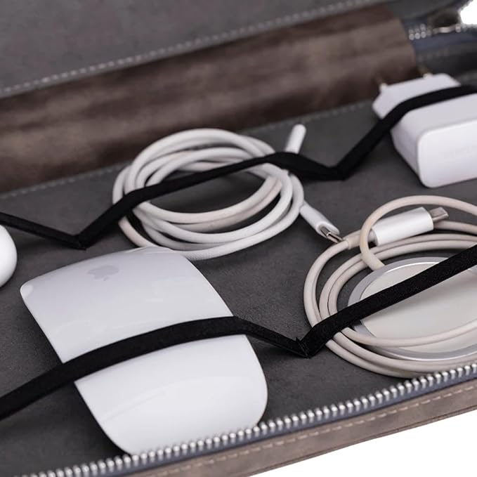 Medicine Handmade Leather Cable Organizer Bag – Full-Grain Leather Travel Tech Case for Cords, Chargers & Accessories – Zippered Storage for Men & Women (Gray)