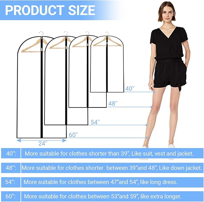 Garment Bags for Hanging Clothes 24'' x 48'' (Set of 12) Coat Covers for Closet Foldable Washable Dress Bags for Hanging Clothes for Long Dress Dance Costumes Suits Gowns Coats