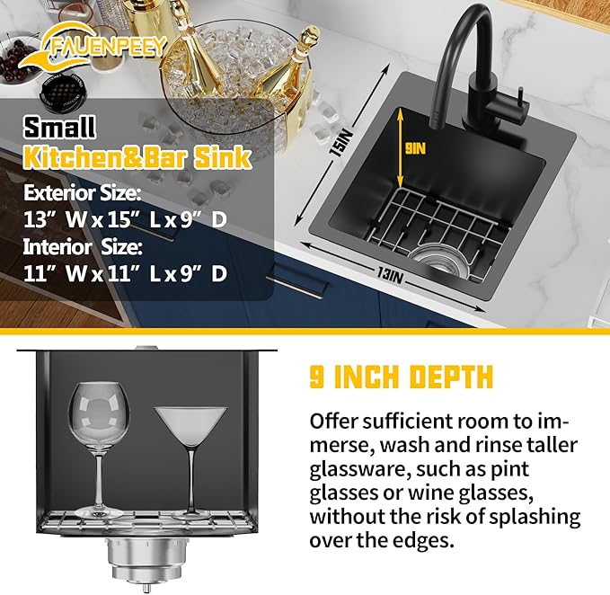 Small Black Kitchen Sink,13x15 Inch Stainless Steel Drop In Topmount Kitchen And Bar Sink Ideal Choice For Small Space, Prep Area, RV With Bottom Grid,Soap Mat And Drain Assembly