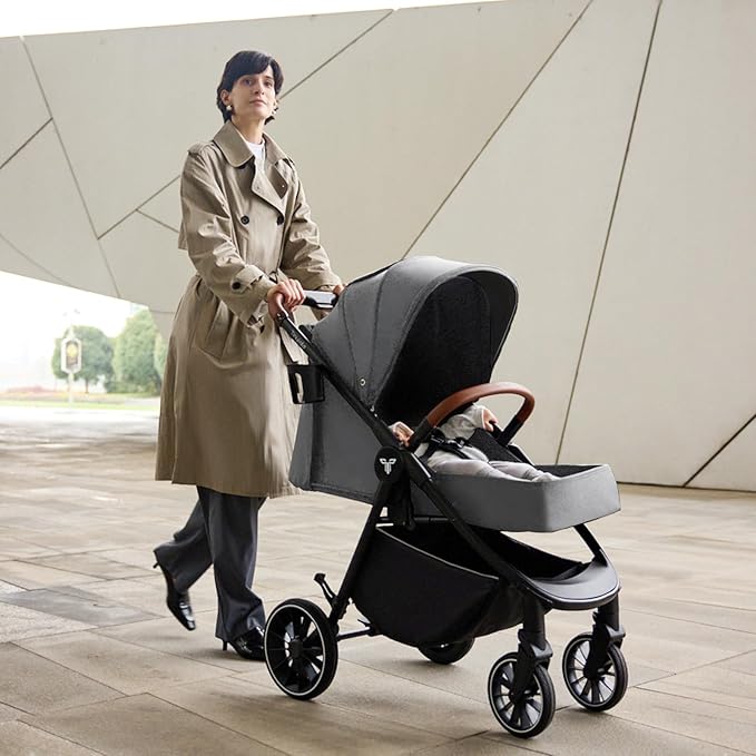 Tinyiota Baby Stroller, Infant Stroller with Large UPF 50+ Canopy,Luxury Pram Strollers with Leather Handle & Spacious Seat, One-Hand Foldable Pushchair, Toddler Carriage with Lie-Flat Mode(Gray)