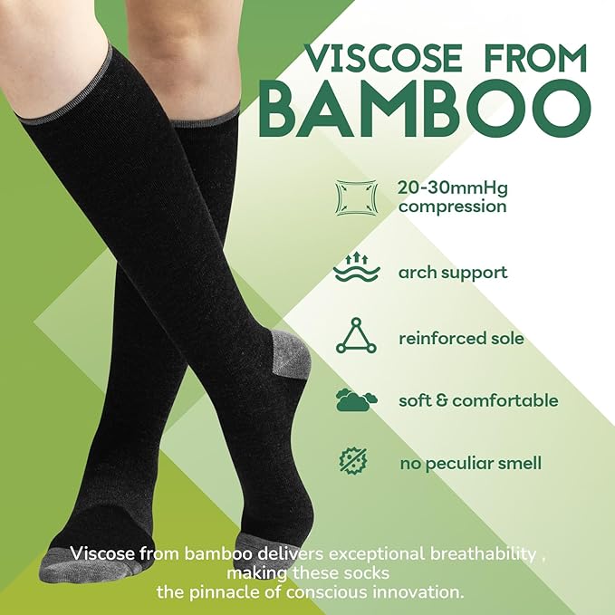 SONORAN Bamboo Viscose Compression Socks for Women & Men (6 Pairs) 20-30 mmHg Knee High Support for Nurses Travel Pregnant