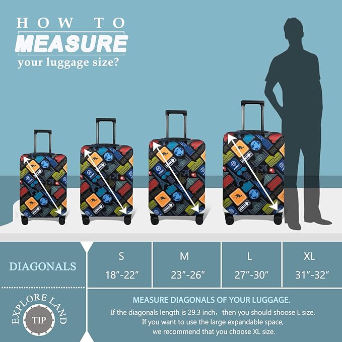Explore Land Travel Luggage Cover Suitcase Protector Fits 23-26 Inch Case (Bon Voyage, M)