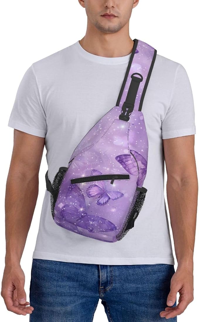 SUPLUCHOM Sling Bag Butterfly Purple Pastel Hiking Daypack Crossbody Shoulder Backpack Travel Chest Pack for Men Women
