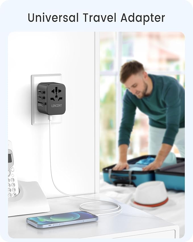 LENCENT Universal Travel Adapter, GaN III 30W International Charger with 2 USB Ports & 3 USB-C PD Fast Charging Adaptor, Worldwide Wall Charger for iPhone,Laptops, Type A/C/G/I (USA/UK/EU/AUS)