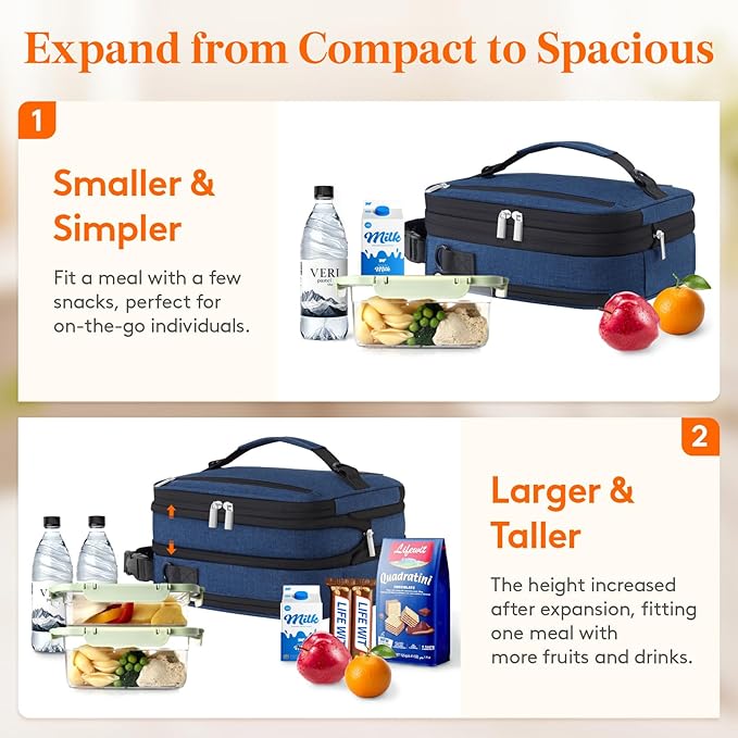 Lifewit Insulated Lunch Box for Men, Expandable Cooler Bag, Freezable Lunch Bag for Women with 2 Ice Packs and Shoulder Straps for Work Travel College, 8.2L Blue