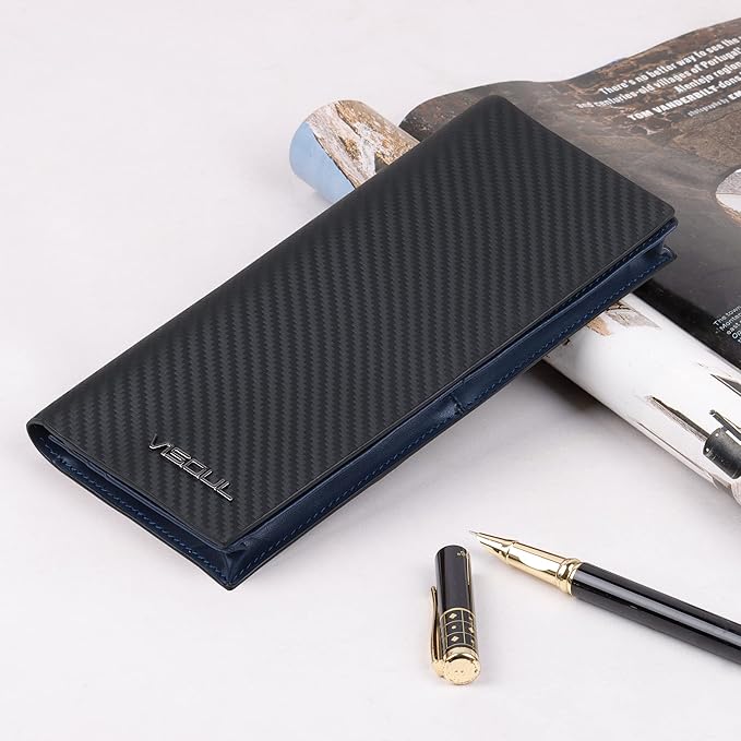 VISOUL Mens Leather Long Checkbook Bifold Wallets with RFID Blocking, Carbon Fiber Leather Tall Wallets for Men (Black+Blue)
