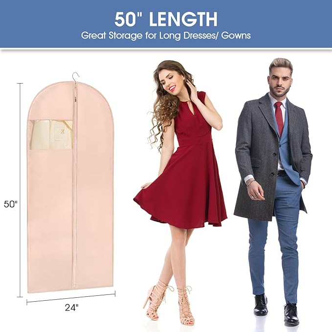 Garment Bags for Hanging Clothes, 50" Long Dress Bags for Closet Storage, Pink Garment Covers with Clear Window for Suits, Coats, Jackets (2 Pack)