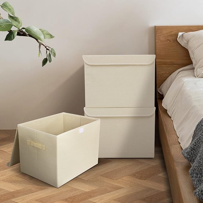 Large 42 Quarts Collapsible Stackable Storage Bins Cube with Lids [3-Pack] Foldable Fabric Linen Storage Boxes, Closet Organizer Baskets with Label for Home (16.7 x 12 x 12, Beige)