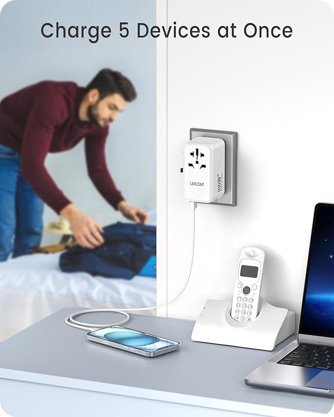LENCENT Universal Travel Adapter, 100W GaN3 International Adaptor with 2 QC3.0 USB-A+2 PD3.0 Type-C PPS Fast Charging, Worldwide Wall Charger for iPhone,Laptop, Plug Adapter USA/UK/EU/AU