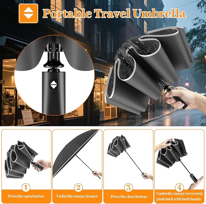 Travel Umbrella Superior, Beautiful & Compact, Large Strong but Light Portable and Automatic Folding Rain Umbrella, Premium Grip, Fits Car & Backpack
