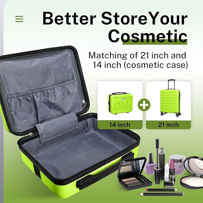 AnyZip 21" Carry On Luggage and 14" Mini Cosmetic Cases Luggage Set Hardside PC ABS Lightweight USB Suitcase with Wheels TSA (2-Piece Set (14/21),AppleGreen)